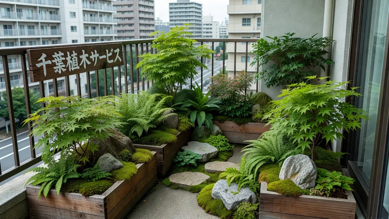 植栽を取り入れたバルコニーの和風スペース