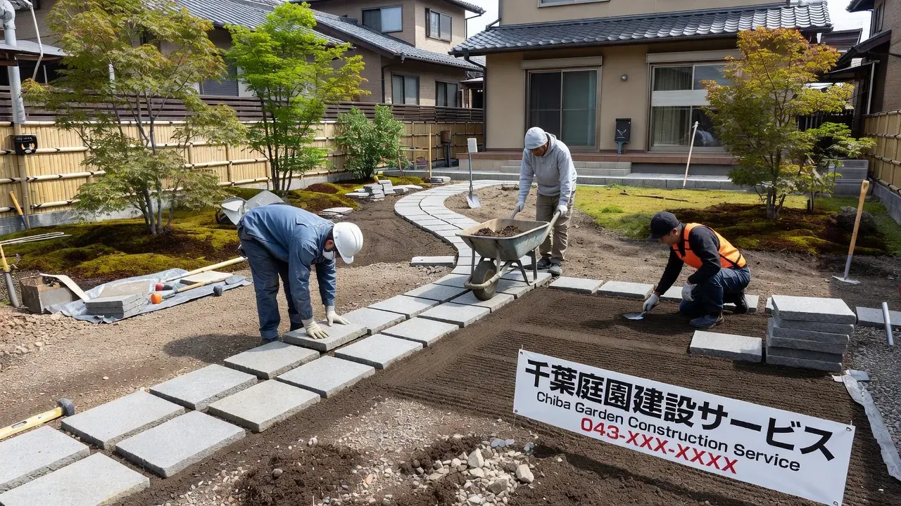 石材舗装の施工作業の様子