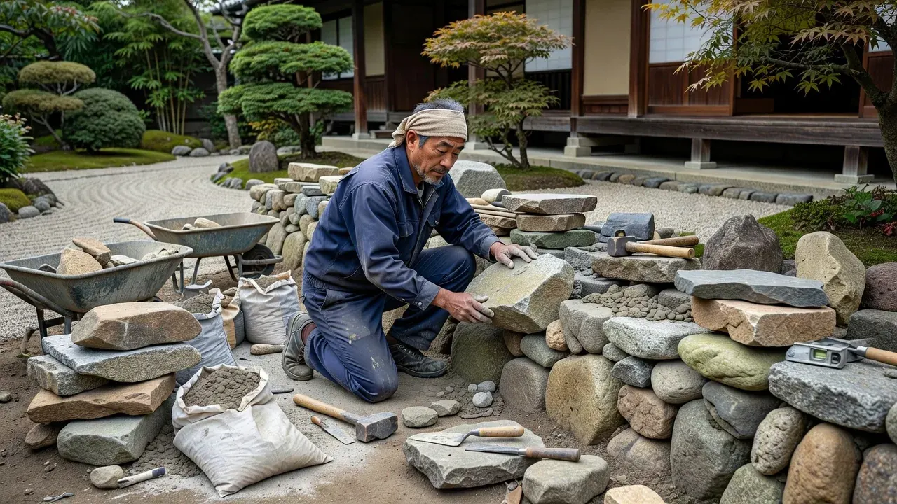 石積みの擁壁を施工している様子