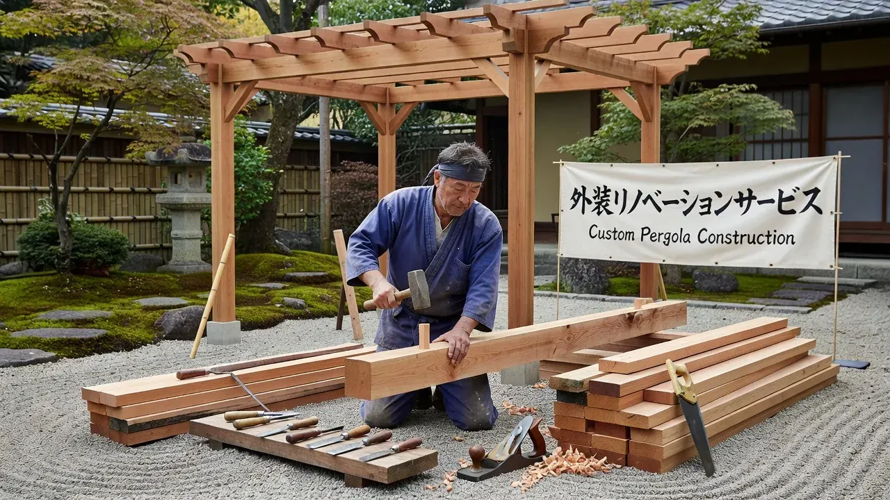パーゴラの木材を組み立てる施工作業の様子