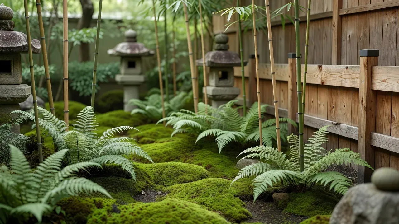 石や苔を組み合わせた庭の一角の詳細