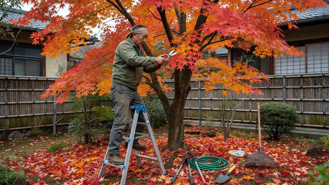 秋の庭木の剪定作業の様子